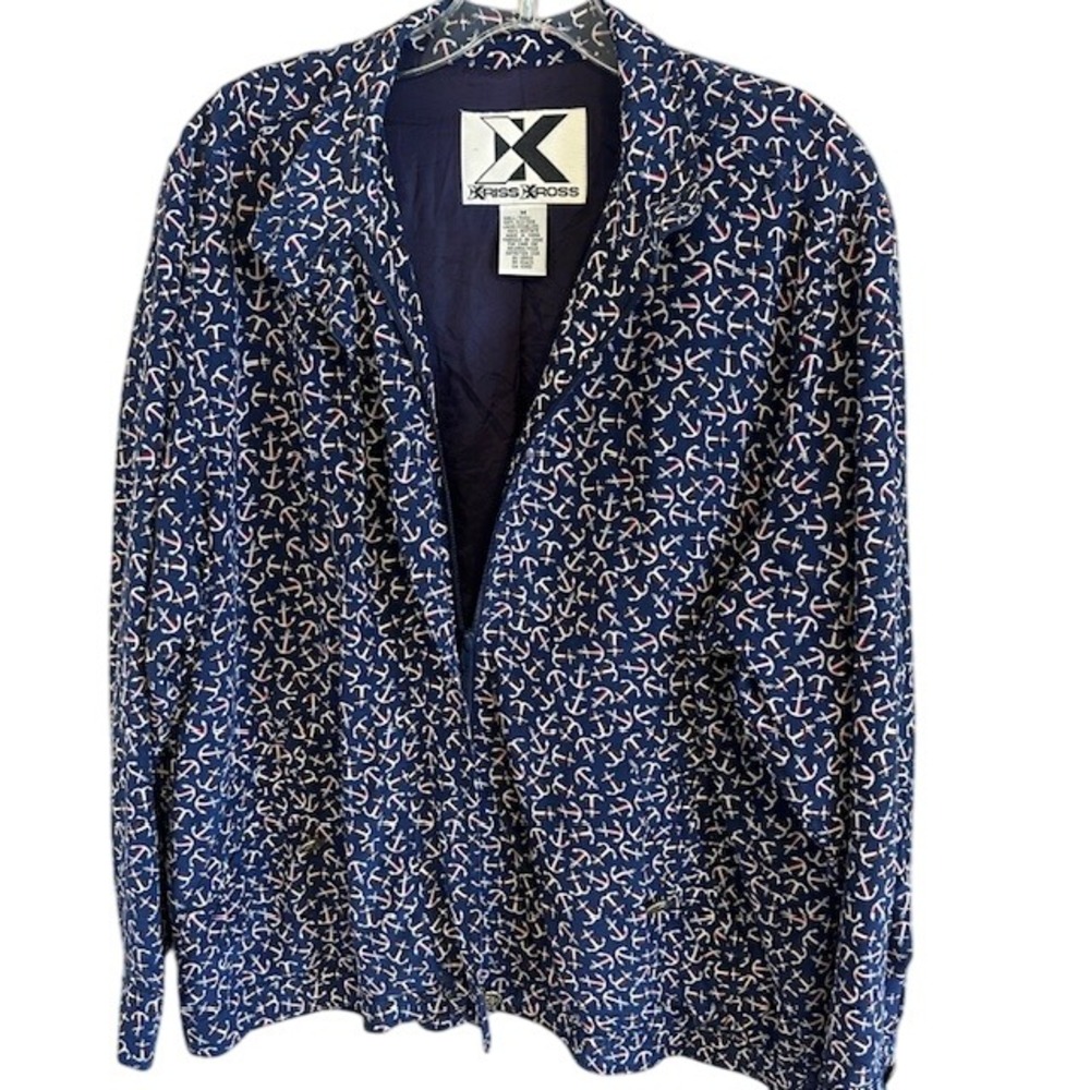 Kriss Kross Vintage Women's Nautical‎ Anchor Zip Up Lightweight Silk Jacket MD